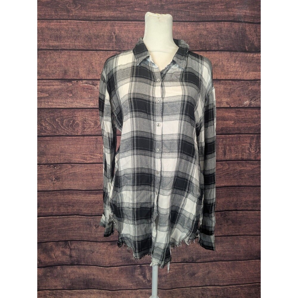 White Crow Womens Small Black White Checker‎ Plaid Flannel Raw Hem Shirt